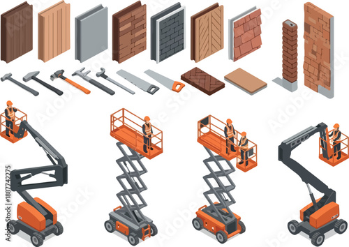 Isometric Construction Elements Workers in Lifts and Various Wall Panels