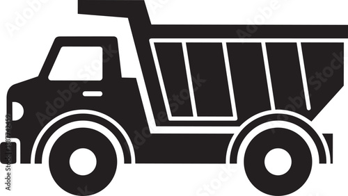 Black and white dump truck silhouette isolated on white background representing heavy machinery, industrial transport, construction equipment, logistics services, and civil engineering project work.