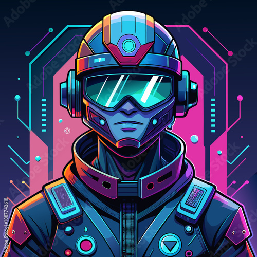 Futuristic astronaut in neon lit space suit and helmet