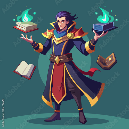Magical wizard juggling glowing books with mystical energy