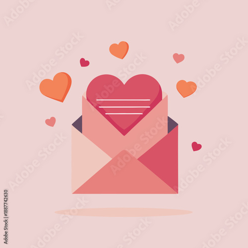 Love letter in envelope with hearts floating around it