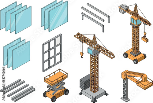Isometric Construction Set Cranes, Glass Panels, Metal Beams & Scissor Lift