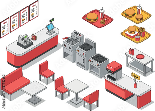 Isometric Diner Equipment and Furniture Illustration