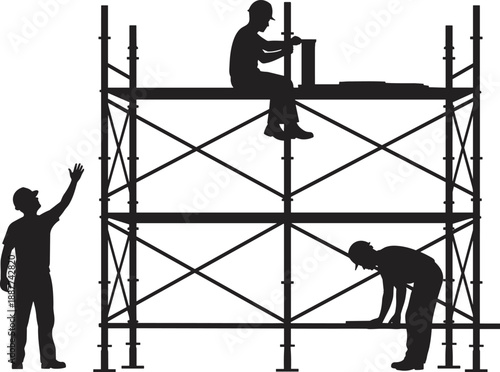 Black and white silhouette of a diverse construction team working on metal scaffolding structure for building maintenance, industrial labor, and site safety management concepts.