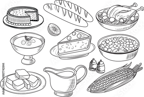 Delicious assorted hand drawn holiday meal food collection sketches set