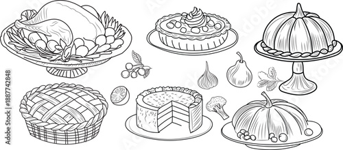 Delicious thanksgiving holiday feast food items black and white line art
