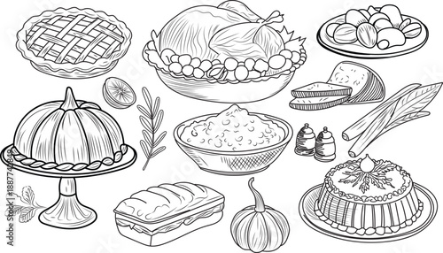 Delicious hand drawn collection of traditional holiday feast food items sketch