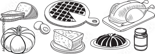 Hand drawn collection of festive holiday food ingredients and prepared dishes