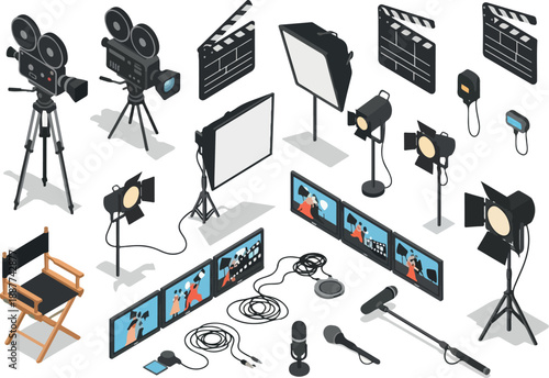 Isometric Movie Production Equipment Camera, Lights, and More