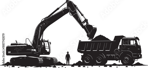 Black and white silhouette of a large hydraulic excavator loading soil into a heavy dump truck for construction site excavation and industrial earthmoving projects.