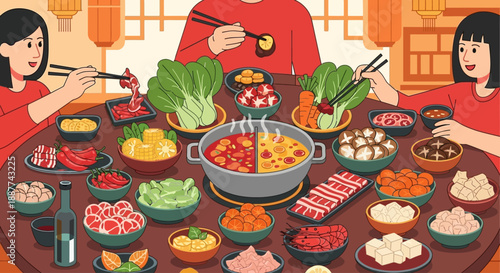 A vibrant illustration of people enjoying a traditional Chinese hot pot meal with a wide array of fresh ingredients on a festive round table.