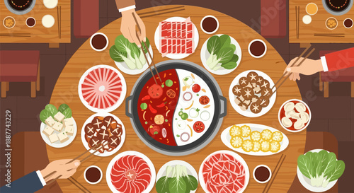 A vibrant illustration of friends or family enjoying a traditional Chinese hot pot meal with various ingredients on a round table.