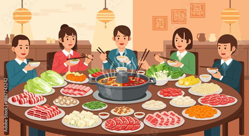 Five people enjoying a traditional hotpot meal with a wide variety of fresh ingredients on a large round table in a restaurant setting.