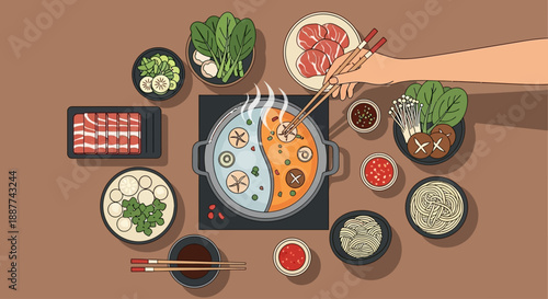 A vibrant top-down illustration of a traditional Asian hot pot meal with various fresh ingredients and dipping sauces laid out on a table.