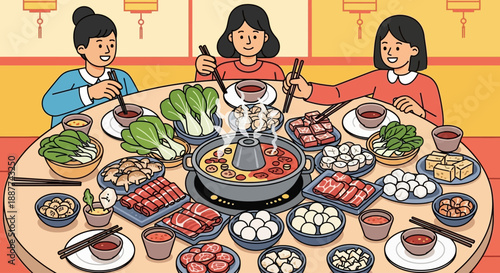 Three people enjoying a traditional Chinese hot pot meal with a wide variety of fresh ingredients on a large round table.