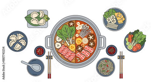 Top-down view of a delicious Asian hot pot meal with various ingredients like sliced beef, mushrooms, and vegetables, served with dumplings, sauces, and noodles.