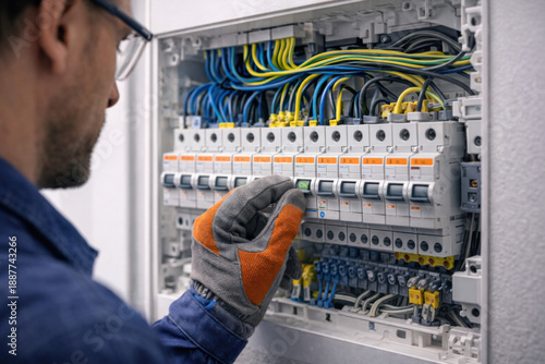 Experienced technician adjusts circuit breaker inside modern electrical panel, focusing on safe operation and proper wiring installation.