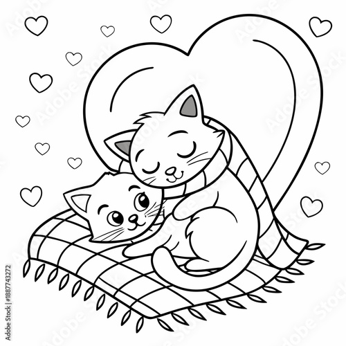 Two adorable cats cuddling lovingly on a cozy blanket with floating hearts, ready for coloring