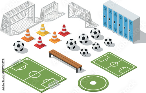 Isometric Soccer Field with Equipment and Accessories Illustration