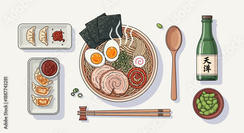 Overhead view of a delicious Japanese ramen bowl with gyoza, edamame, and sake on a light background.