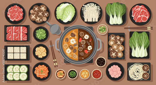 A vibrant overhead view of a traditional Asian hot pot meal with a variety of fresh ingredients, meats, vegetables, and dipping sauces arranged neatly on a table.