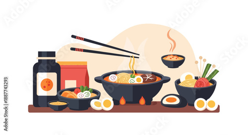 A vibrant illustration of a delicious Asian ramen meal, featuring a steaming hot pot and a bowl of noodles with various toppings and condiments on a wooden tray.