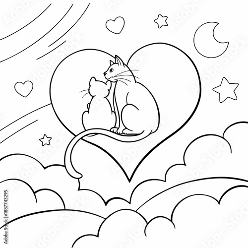 Feline love on cloud nine: two cats cuddle within a heart, surrounded by stars and moon.