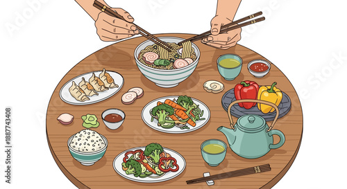 Overhead view of a wooden table set with various Asian dishes, including noodles, dumplings, rice, and vegetables, with hands using chopsticks.
