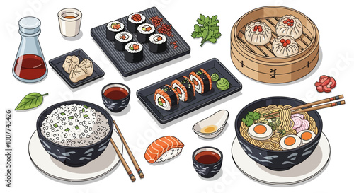 A vibrant collection of traditional Japanese and East Asian cuisine, including sushi, ramen, dumplings, and rice, artfully arranged on a white background.