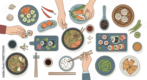 A vibrant collection of traditional Japanese and East Asian cuisine, including sushi, ramen, dumplings, and rice, artfully arranged on a white background.