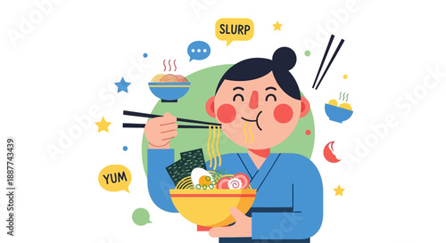 A happy person enjoying a delicious bowl of ramen noodles with chopsticks, surrounded by food-related speech bubbles and decorative elements.