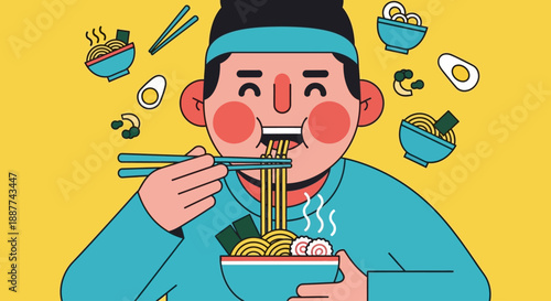 A cheerful cartoon person with a blue headband happily eating a steaming bowl of ramen noodles with chopsticks, surrounded by ingredients on a yellow background.