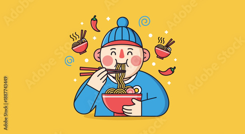 A happy cartoon person in a blue hat and shirt enjoying a bowl of hot noodles with chopsticks, surrounded by chili peppers and steam on a yellow background.