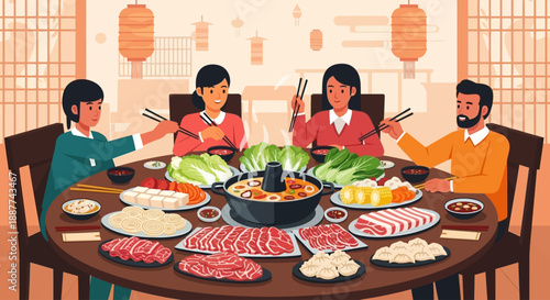 Four people enjoying a traditional hot pot meal with various ingredients at a round table in an Asian-themed restaurant setting.