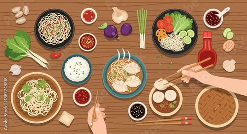 Overhead view of a wooden table laden with various Asian dishes, including noodles, dumplings, rice, and fresh vegetables, with hands using chopsticks.