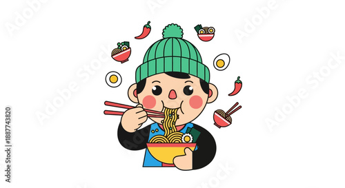 A cute cartoon illustration of a person in a green beanie happily eating a large bowl of ramen noodles with chopsticks, surrounded by floating food items.