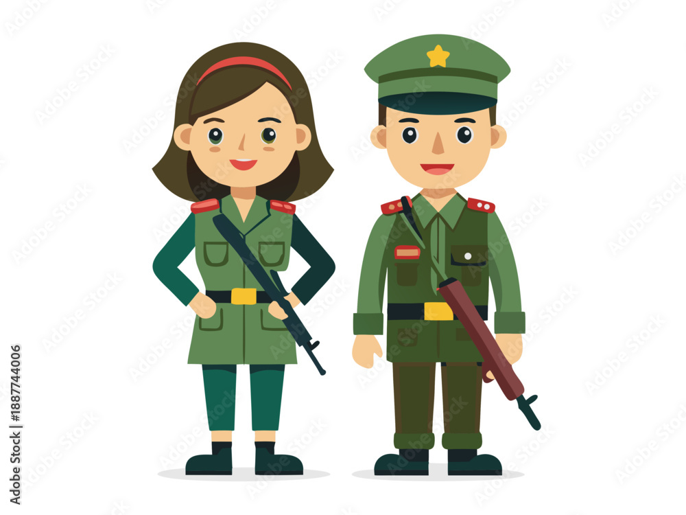 Naklejka premium Vector flat illustration set of line art female and male military soldiers in uniform poses
