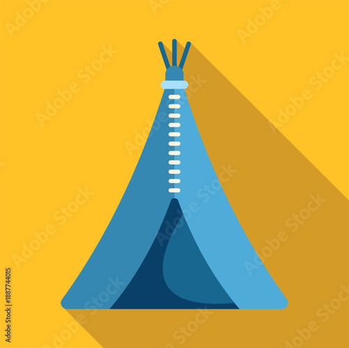 Blue teepee or tipi icon with a long shadow on a yellow background