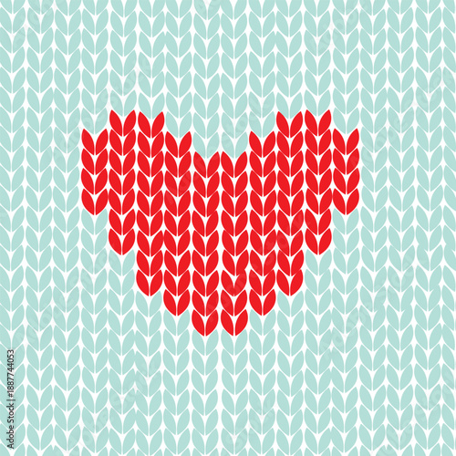 Knitted vector pattern depicting a red heart on a green background. Valentine's Day concept. Seamless vector background.