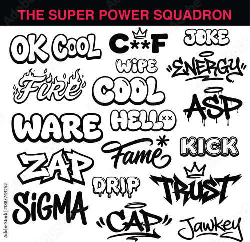 Super power squadron graffiti text vector set
