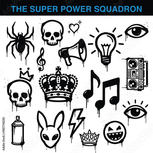 Super power squadron graffiti icons and symbols set