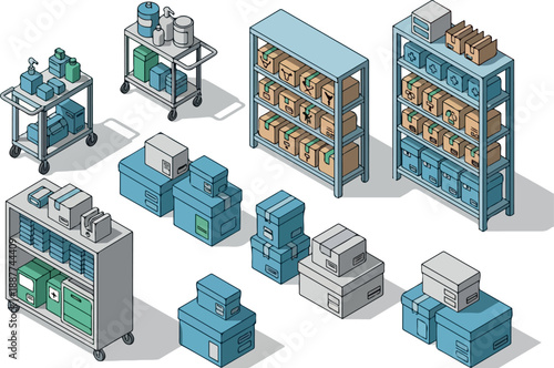 Isometric Medical Supplies and Storage Boxes, Carts, Shelves