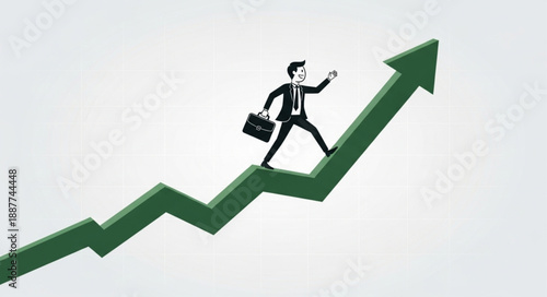 Businessman climbing green arrow graph representing financial growth and success.