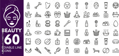 60 Beauty and spa editable line icons set for skincare and wellness