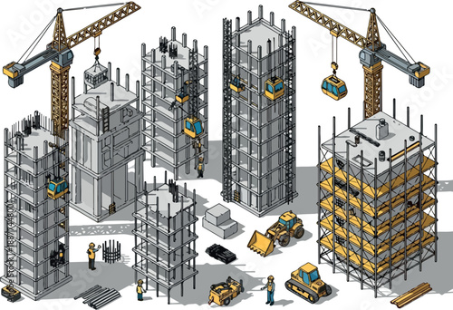 Isometric Construction Site Buildings, Cranes & Equipment