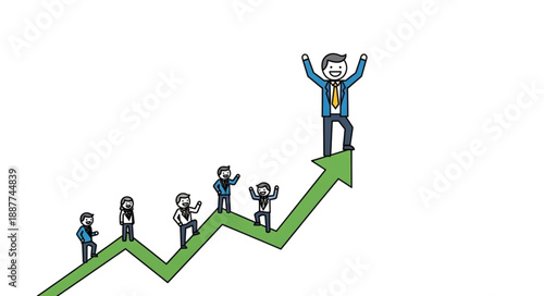 Business people climbing up green arrow graph towards success.
