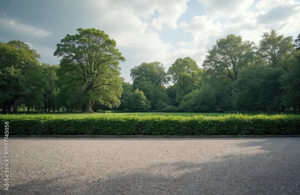 Fototapeta premium Rich green park with manicured hedge and tall trees under a cloudy sky. Gravel path leads to a vast lawn and dense forest, evoking natural serenity and expansive outdoor beauty.