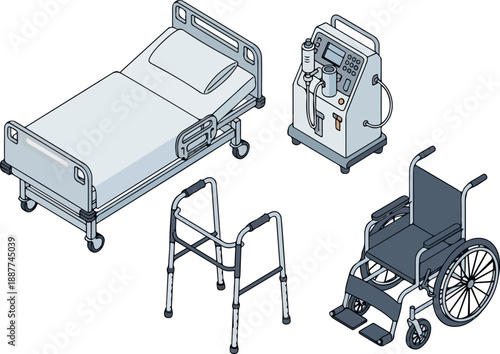 Medical Equipment Illustration Bed, Dialysis, Walker, Wheelchair