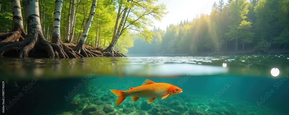Naklejka premium Golden fish swims in clear lake water near birch trees. Sun shines through forest onto calm river surface. Underwater scene meets forest shore, peaceful nature.