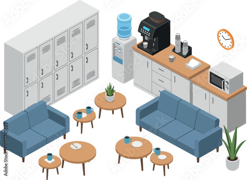 Isometric Office Break Room Design with Lounge and Refreshment Area